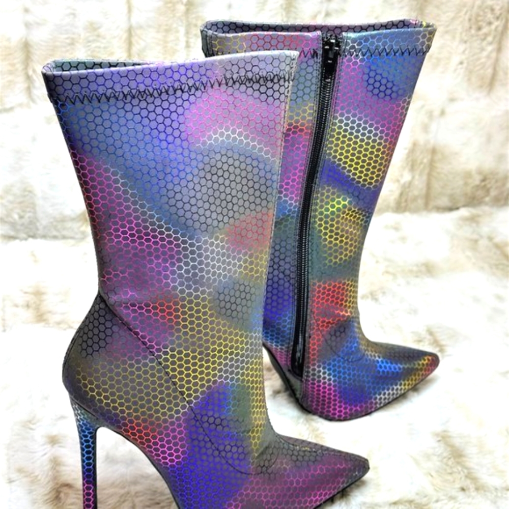Pazzle Metallic Rainbow Mid Calf Pointy Toe High Heel Boots
